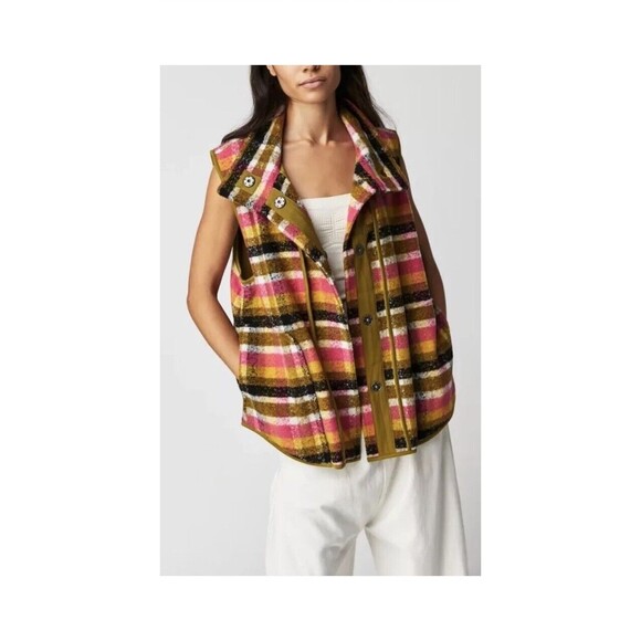 Free People Jackets & Blazers - Free People Wrapped Up Blanket Vest Gillet Coat Sz XS XSmall Pink Green New